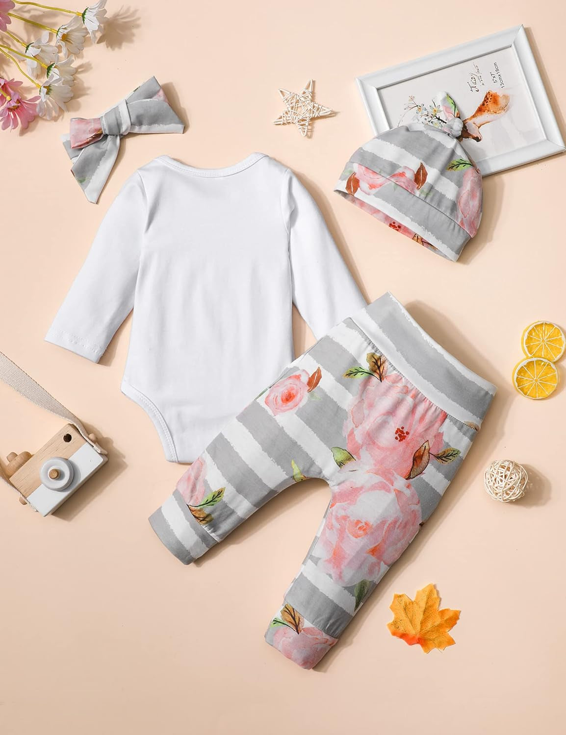 Newborn Baby Girl Clothes Hi I'M New Here Newborn Outfit Infant Romper Floral Pants Cute Baby Girl Outfits 4PC Set