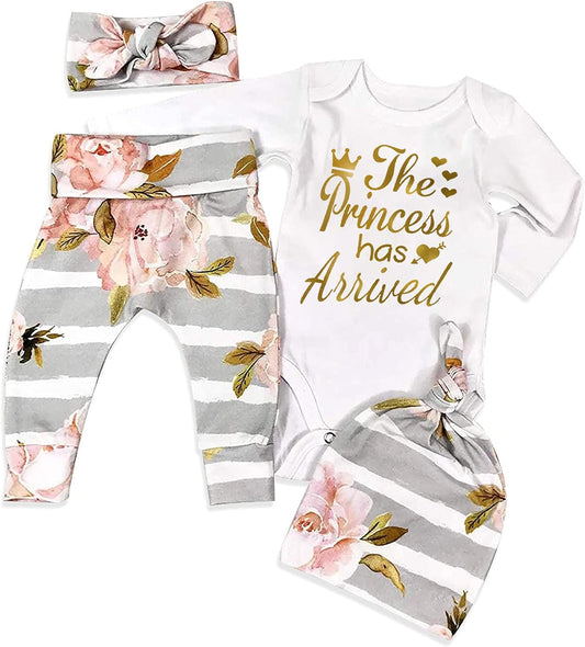 Newborn Baby Girl Clothes Hi I'M New Here Newborn Outfit Infant Romper Floral Pants Cute Baby Girl Outfits 4PC Set