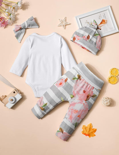 Newborn Baby Girl Clothes Hi I'M New Here Newborn Outfit Infant Romper Floral Pants Cute Baby Girl Outfits 4PC Set
