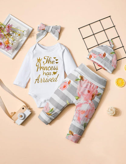 Newborn Baby Girl Clothes Hi I'M New Here Newborn Outfit Infant Romper Floral Pants Cute Baby Girl Outfits 4PC Set